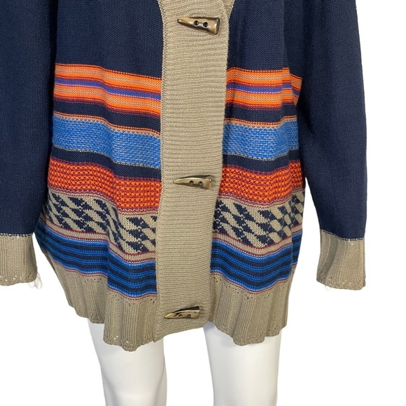 Woman Within Sz 14/16 Navy Tan Striped Horn Button Tunic Cardigan - Picture 3 of 11